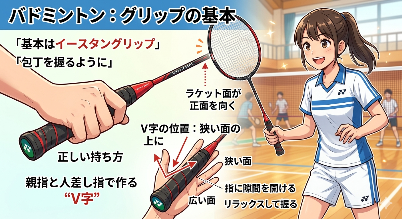 バドミントンの正しいグリップ握り方図解